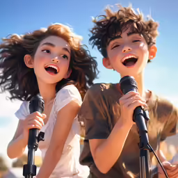 two children are smiling as they sing into microphones