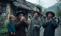 a group of people on a cobble stone street