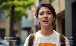 a woman with an orange and white shirt looking up