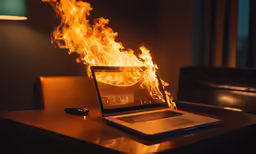 an open laptop covered in flames next to a lamp
