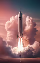 a man in an all black outfit looks at the rear of a rocket as it flies through clouds