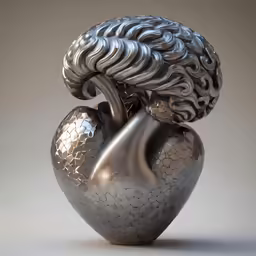 a silver sculpture has an interlocked human head