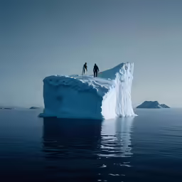 two people standing on a giant iceberg floating on the ocean
