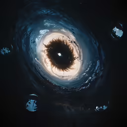 a dark space with round objects floating above it