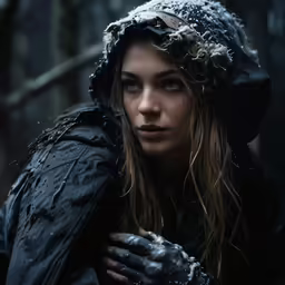 a woman in black with a hood over her shoulder