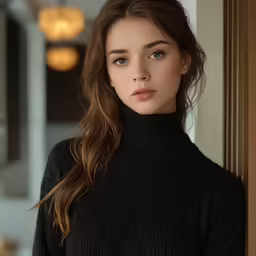 a woman with a brown face wearing a black turtleneck sweater