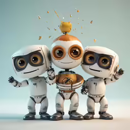 three robots are posing for a photo while one of the four is holding a baseball helmet and smiling