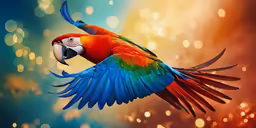 a red, yellow and green parrot flying through the air