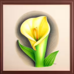 a pencil drawing of a yellow flower with leaves,a drawing of a flower with green leaves,a painting with a leaf on it that is being framed,this is a painting of a yellow flower with green leaves,a painting of a yellow flower in a framed dark wood frame