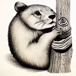 drawing of an animal peeking out of its back to a tree