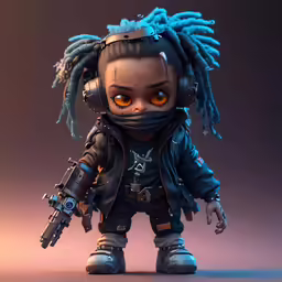an action figure with dread locks and headphones on