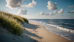a grassy beach on a sunny day with white clouds