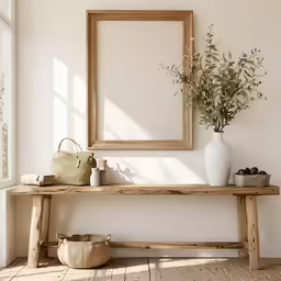 a wooden bench and wooden framed artwork in an interior setting