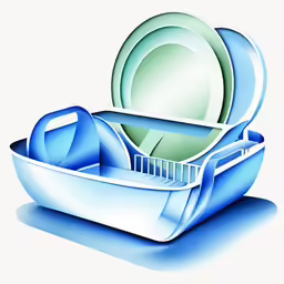 the opened dish rack has an assortment of dishes inside it