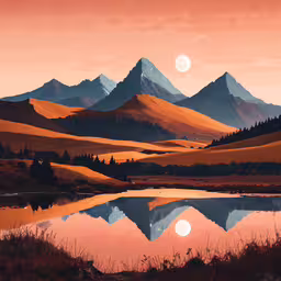 a painting of a scenic valley with a full moon in the distance,the sun sets over a large mountain range near a lake
