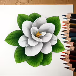 a drawing of a white flower with leaves and red pencils