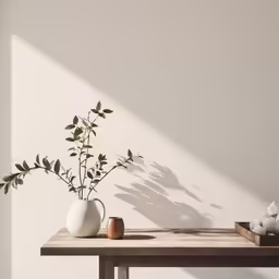 small green plant next to two white vases on a table