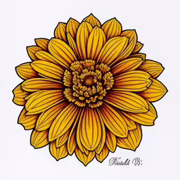an artistic looking yellow sunflower is shown,a yellow and orange sunflower in black ink,an image of a yellow flower painted on a white paper,a painting of a sunflower with large petals,a picture of a yellow flower with green petals