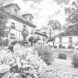 black and white photo of a woman in a garden