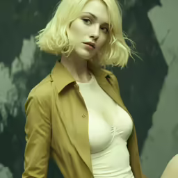 a woman posing in a tan shirt and beige jacket