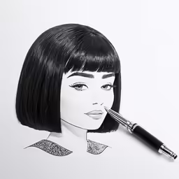 a pen drawing of a woman with a short bob hair