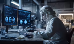 a young woman sitting at her computer in front of a monitor with a head scan