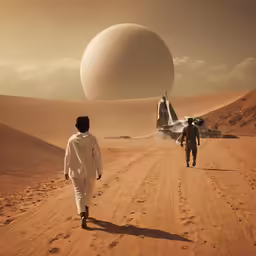 two people walking down a road in front of an airplane