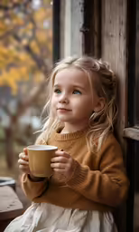 a young girl holding a cup of coffee by a window