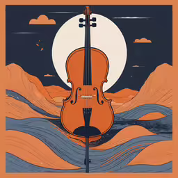 a drawing of a violin standing on top of water,a violin is sitting in the ocean by a moon