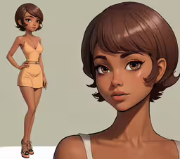 the woman is looking back at the camera,an animation female is posing with brown hair and a beige dress