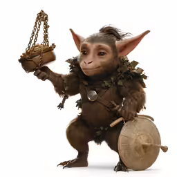 a brown monkey is holding an old drum