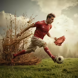 a man kicking a soccer ball on top of a field
