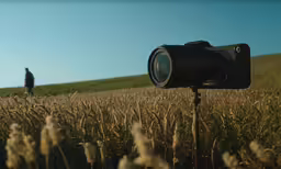 the camera is on the tripod in the field
