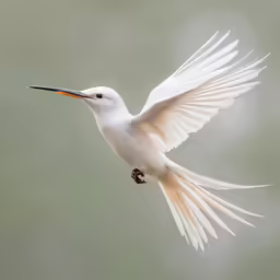 the white bird with yellow beak is flying