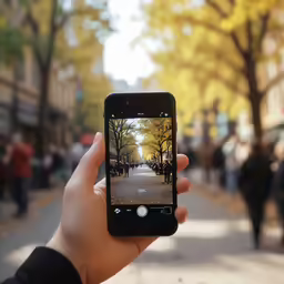 a person taking a picture with a cell phone of an autumn scene