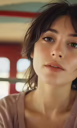 a close - up view of an asian woman wearing pink