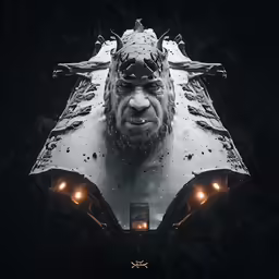a creature with yellow lights in the mouth is looking to the right