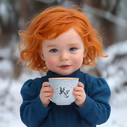 the young child is enjoying her cup of tea
