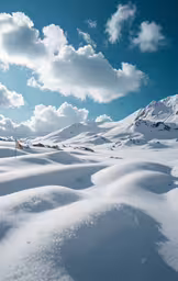 snow capped landscape with bright blue sky and white clouds