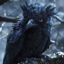 a black bird with blue feathers on top of a tree branch,the black bird with yellow eyes sits on the branch