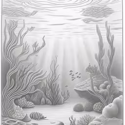 a drawing of coral reefs with sunlight shining in the distance,a drawing of a seaweed and fish in the water,a drawing of corals and fish on a water,an ocean scene with fish, corals, and seaweed,an image of a drawing of corals and seaweed