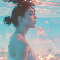 a woman is shown in the middle of the photo under the water