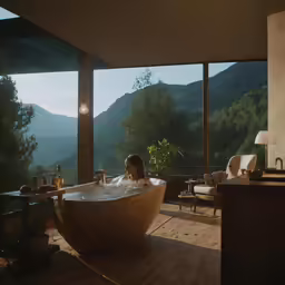 a woman is enjoying the bathtub in the room