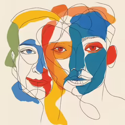a drawing of two men with different colored faces