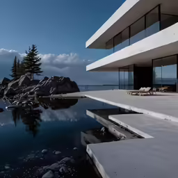 a large pool near a large building