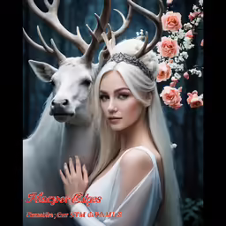 the woman is standing near a deer