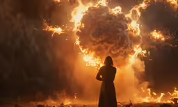woman standing in front of large fireworks, possibly a bomb