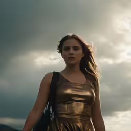 a woman in a gold metallic dress standing under a dark cloud