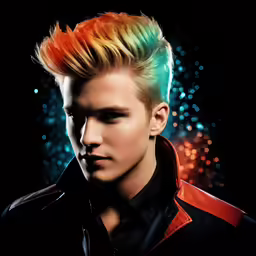 an artistic photo of a young man with multi colored hair