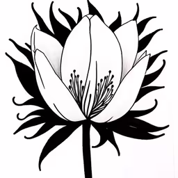 a black and white drawing of a lotus flower,an ink drawing of a flower on paper